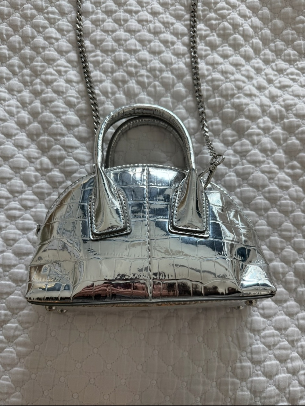 Zara Metallic Silver Croc-Embossed Dome Crossbody Bag